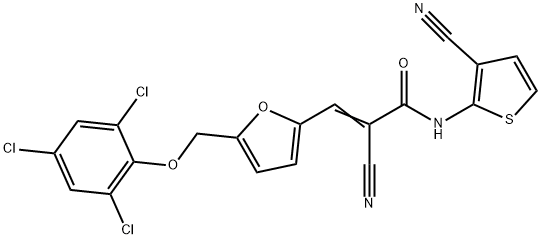 (E)-2-cyano-N-(3-cyanothiophen-2-yl)-3-[5-[(2,4,6-trichlorophenoxy)methyl]furan-2-yl]prop-2-enamide Struktur