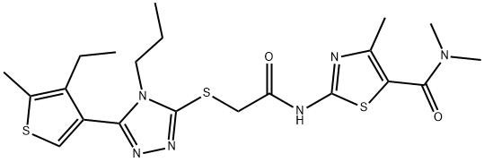 2-[[2-[[5-(4-ethyl-5-methylthiophen-3-yl)-4-propyl-1,2,4-triazol-3-yl]sulfanyl]acetyl]amino]-N,N,4-trimethyl-1,3-thiazole-5-carboxamide Struktur