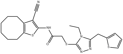 N-(3-cyano-4,5,6,7,8,9-hexahydrocycloocta[b]thiophen-2-yl)-2-[[4-ethyl-5-(thiophen-2-ylmethyl)-1,2,4-triazol-3-yl]sulfanyl]acetamide Struktur