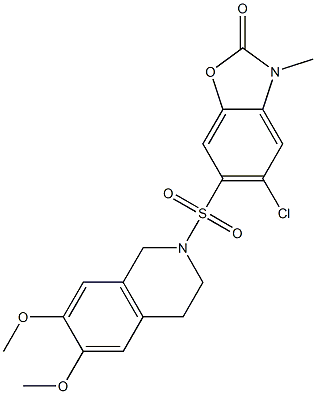 5-chloro-6-[(6,7-dimethoxy-3,4-dihydro-1H-isoquinolin-2-yl)sulfonyl]-3-methyl-1,3-benzoxazol-2-one Struktur