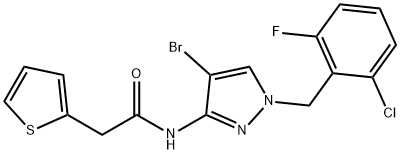 N-[4-bromo-1-[(2-chloro-6-fluorophenyl)methyl]pyrazol-3-yl]-2-thiophen-2-ylacetamide Struktur