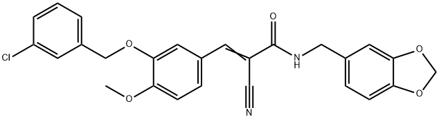 (E)-N-(1,3-benzodioxol-5-ylmethyl)-3-[3-[(3-chlorophenyl)methoxy]-4-methoxyphenyl]-2-cyanoprop-2-enamide Struktur