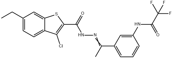 3-chloro-6-ethyl-N-[(E)-1-[3-[(2,2,2-trifluoroacetyl)amino]phenyl]ethylideneamino]-1-benzothiophene-2-carboxamide Struktur