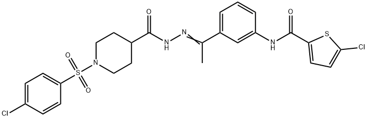 1-(4-chlorophenyl)sulfonyl-N-[(E)-1-[3-[(5-chlorothiophene-2-carbonyl)amino]phenyl]ethylideneamino]piperidine-4-carboxamide Struktur