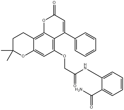 2-[[2-[(8,8-dimethyl-2-oxo-4-phenyl-9,10-dihydropyrano[2,3-h]chromen-5-yl)oxy]acetyl]amino]benzamide Struktur