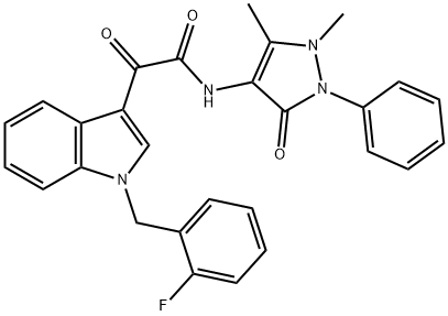 N-(1,5-dimethyl-3-oxo-2-phenylpyrazol-4-yl)-2-[1-[(2-fluorophenyl)methyl]indol-3-yl]-2-oxoacetamide Struktur