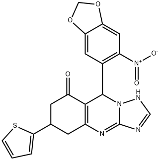 9-(6-nitro-1,3-benzodioxol-5-yl)-6-thiophen-2-yl-5,6,7,9-tetrahydro-1H-[1,2,4]triazolo[5,1-b]quinazolin-8-one Struktur