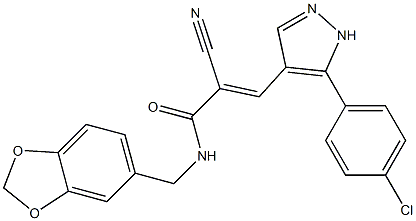 (E)-N-(1,3-benzodioxol-5-ylmethyl)-3-[5-(4-chlorophenyl)-1H-pyrazol-4-yl]-2-cyanoprop-2-enamide Struktur