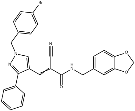 (E)-N-(1,3-benzodioxol-5-ylmethyl)-3-[1-[(4-bromophenyl)methyl]-3-phenylpyrazol-4-yl]-2-cyanoprop-2-enamide Struktur