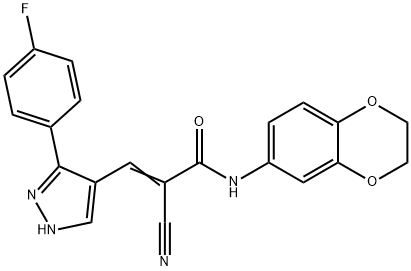 (E)-2-cyano-N-(2,3-dihydro-1,4-benzodioxin-6-yl)-3-[5-(4-fluorophenyl)-1H-pyrazol-4-yl]prop-2-enamide Struktur