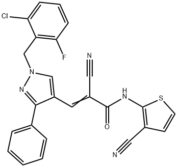 (E)-3-[1-[(2-chloro-6-fluorophenyl)methyl]-3-phenylpyrazol-4-yl]-2-cyano-N-(3-cyanothiophen-2-yl)prop-2-enamide Struktur