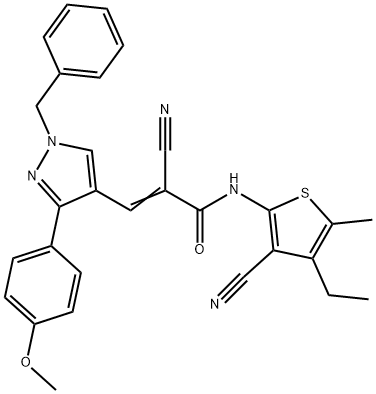 (E)-3-[1-benzyl-3-(4-methoxyphenyl)pyrazol-4-yl]-2-cyano-N-(3-cyano-4-ethyl-5-methylthiophen-2-yl)prop-2-enamide Struktur