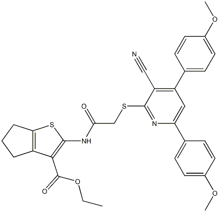 ethyl 2-[[2-[3-cyano-4,6-bis(4-methoxyphenyl)pyridin-2-yl]sulfanylacetyl]amino]-5,6-dihydro-4H-cyclopenta[b]thiophene-3-carboxylate Struktur