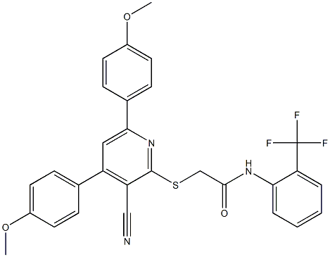 2-[3-cyano-4,6-bis(4-methoxyphenyl)pyridin-2-yl]sulfanyl-N-[2-(trifluoromethyl)phenyl]acetamide Struktur