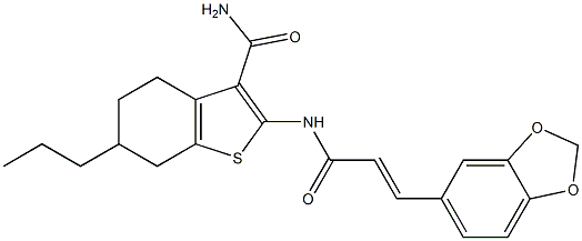 2-[[(E)-3-(1,3-benzodioxol-5-yl)prop-2-enoyl]amino]-6-propyl-4,5,6,7-tetrahydro-1-benzothiophene-3-carboxamide Struktur