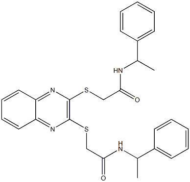 2-[3-[2-oxo-2-(1-phenylethylamino)ethyl]sulfanylquinoxalin-2-yl]sulfanyl-N-(1-phenylethyl)acetamide Struktur