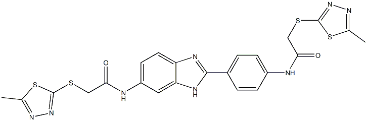 2-[(5-methyl-1,3,4-thiadiazol-2-yl)sulfanyl]-N-[4-[6-[[2-[(5-methyl-1,3,4-thiadiazol-2-yl)sulfanyl]acetyl]amino]-1H-benzimidazol-2-yl]phenyl]acetamide Struktur