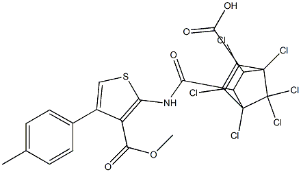 1,2,3,4,7,7-hexachloro-6-[[3-methoxycarbonyl-4-(4-methylphenyl)thiophen-2-yl]carbamoyl]bicyclo[2.2.1]hept-2-ene-5-carboxylic acid Struktur