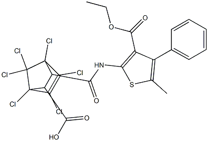 1,2,3,4,7,7-hexachloro-6-[(3-ethoxycarbonyl-5-methyl-4-phenylthiophen-2-yl)carbamoyl]bicyclo[2.2.1]hept-2-ene-5-carboxylic acid Struktur