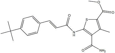 methyl 5-[[(E)-3-(4-tert-butylphenyl)prop-2-enoyl]amino]-4-carbamoyl-3-methylthiophene-2-carboxylate Struktur