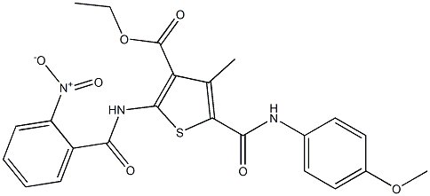 ethyl 5-[(4-methoxyphenyl)carbamoyl]-4-methyl-2-[(2-nitrobenzoyl)amino]thiophene-3-carboxylate Struktur