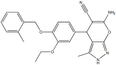 6-amino-4-[3-ethoxy-4-[(2-methylphenyl)methoxy]phenyl]-3-methyl-2,4-dihydropyrano[2,3-c]pyrazole-5-carbonitrile Struktur