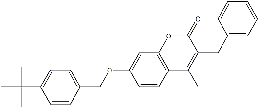 3-benzyl-7-[(4-tert-butylphenyl)methoxy]-4-methylchromen-2-one Struktur