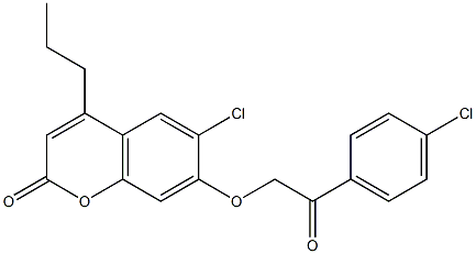 6-chloro-7-[2-(4-chlorophenyl)-2-oxoethoxy]-4-propylchromen-2-one Struktur