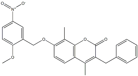 3-benzyl-7-[(2-methoxy-5-nitrophenyl)methoxy]-4,8-dimethylchromen-2-one Struktur