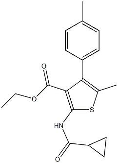 ethyl 2-(cyclopropanecarbonylamino)-5-methyl-4-(4-methylphenyl)thiophene-3-carboxylate Struktur