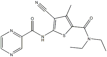 N-[3-cyano-5-(diethylcarbamoyl)-4-methylthiophen-2-yl]pyrazine-2-carboxamide Struktur