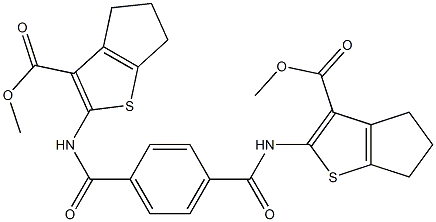 methyl 2-[[4-[(3-methoxycarbonyl-5,6-dihydro-4H-cyclopenta[b]thiophen-2-yl)carbamoyl]benzoyl]amino]-5,6-dihydro-4H-cyclopenta[b]thiophene-3-carboxylate Struktur