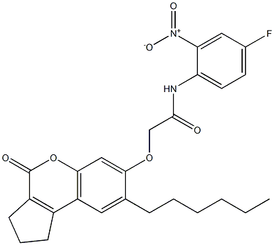 N-(4-fluoro-2-nitrophenyl)-2-[(8-hexyl-4-oxo-2,3-dihydro-1H-cyclopenta[c]chromen-7-yl)oxy]acetamide Struktur