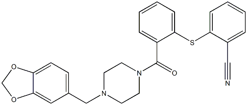 2-[2-[4-(1,3-benzodioxol-5-ylmethyl)piperazine-1-carbonyl]phenyl]sulfanylbenzonitrile Struktur