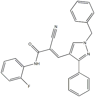 (E)-3-(1-benzyl-3-phenylpyrazol-4-yl)-2-cyano-N-(2-fluorophenyl)prop-2-enamide Struktur