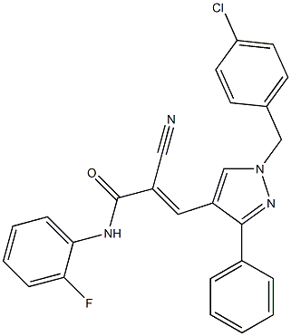 (E)-3-[1-[(4-chlorophenyl)methyl]-3-phenylpyrazol-4-yl]-2-cyano-N-(2-fluorophenyl)prop-2-enamide Struktur