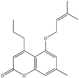 7-methyl-5-(3-methylbut-2-enoxy)-4-propylchromen-2-one Struktur