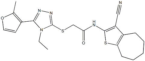 N-(3-cyano-5,6,7,8-tetrahydro-4H-cyclohepta[b]thiophen-2-yl)-2-[[4-ethyl-5-(2-methylfuran-3-yl)-1,2,4-triazol-3-yl]sulfanyl]acetamide Struktur