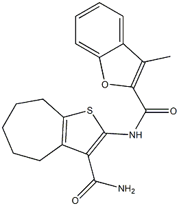 N-(3-carbamoyl-5,6,7,8-tetrahydro-4H-cyclohepta[b]thiophen-2-yl)-3-methyl-1-benzofuran-2-carboxamide Struktur