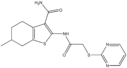 6-methyl-2-[(2-pyrimidin-2-ylsulfanylacetyl)amino]-4,5,6,7-tetrahydro-1-benzothiophene-3-carboxamide Struktur