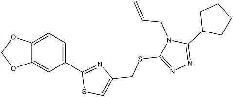 2-(1,3-benzodioxol-5-yl)-4-[(5-cyclopentyl-4-prop-2-enyl-1,2,4-triazol-3-yl)sulfanylmethyl]-1,3-thiazole Struktur