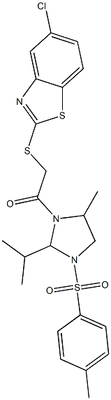 2-[(5-chloro-1,3-benzothiazol-2-yl)sulfanyl]-1-[5-methyl-3-(4-methylphenyl)sulfonyl-2-propan-2-ylimidazolidin-1-yl]ethanone Struktur