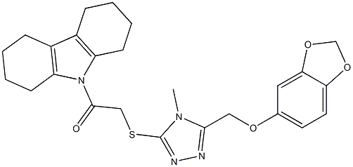 2-[[5-(1,3-benzodioxol-5-yloxymethyl)-4-methyl-1,2,4-triazol-3-yl]sulfanyl]-1-(1,2,3,4,5,6,7,8-octahydrocarbazol-9-yl)ethanone Struktur