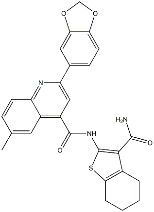 2-(1,3-benzodioxol-5-yl)-N-(3-carbamoyl-4,5,6,7-tetrahydro-1-benzothiophen-2-yl)-6-methylquinoline-4-carboxamide Struktur