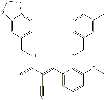 (E)-N-(1,3-benzodioxol-5-ylmethyl)-2-cyano-3-[3-methoxy-2-[(3-methylphenyl)methoxy]phenyl]prop-2-enamide Struktur