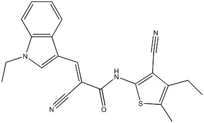 (E)-2-cyano-N-(3-cyano-4-ethyl-5-methylthiophen-2-yl)-3-(1-ethylindol-3-yl)prop-2-enamide Struktur