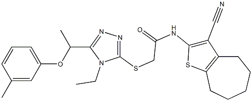 N-(3-cyano-5,6,7,8-tetrahydro-4H-cyclohepta[b]thiophen-2-yl)-2-[[4-ethyl-5-[1-(3-methylphenoxy)ethyl]-1,2,4-triazol-3-yl]sulfanyl]acetamide Struktur