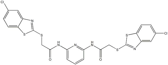 2-[(5-chloro-1,3-benzothiazol-2-yl)sulfanyl]-N-[6-[[2-[(5-chloro-1,3-benzothiazol-2-yl)sulfanyl]acetyl]amino]pyridin-2-yl]acetamide Struktur