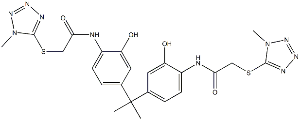 N-[2-hydroxy-4-[2-[3-hydroxy-4-[[2-(1-methyltetrazol-5-yl)sulfanylacetyl]amino]phenyl]propan-2-yl]phenyl]-2-(1-methyltetrazol-5-yl)sulfanylacetamide Struktur