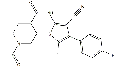 1-acetyl-N-[3-cyano-4-(4-fluorophenyl)-5-methylthiophen-2-yl]piperidine-4-carboxamide Struktur